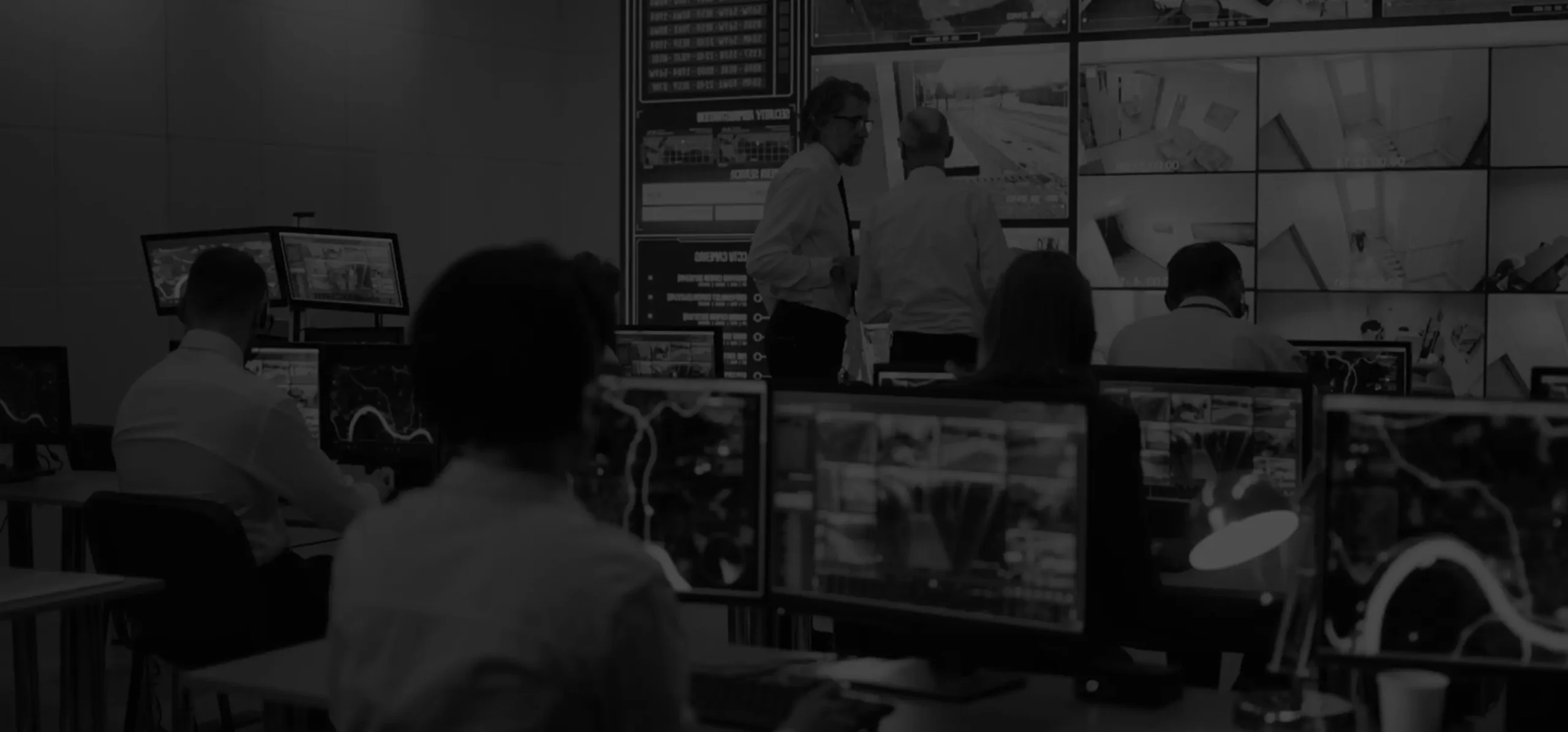 Operatorzy Securand w stacji monitorowania alarmów przy ścianie monitorów CCTV