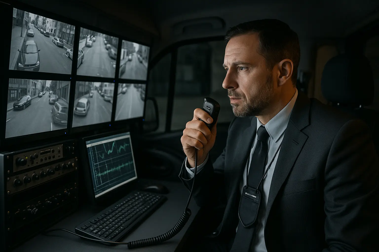 Licencjonowany detektyw Securand podczas dyskretnej obserwacji przy monitorach