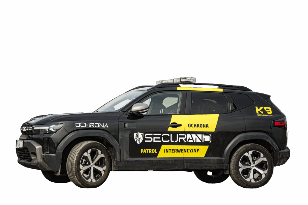 Pojazd patrolu interwencyjnego K9 Securand z oznakowaniem ochrony