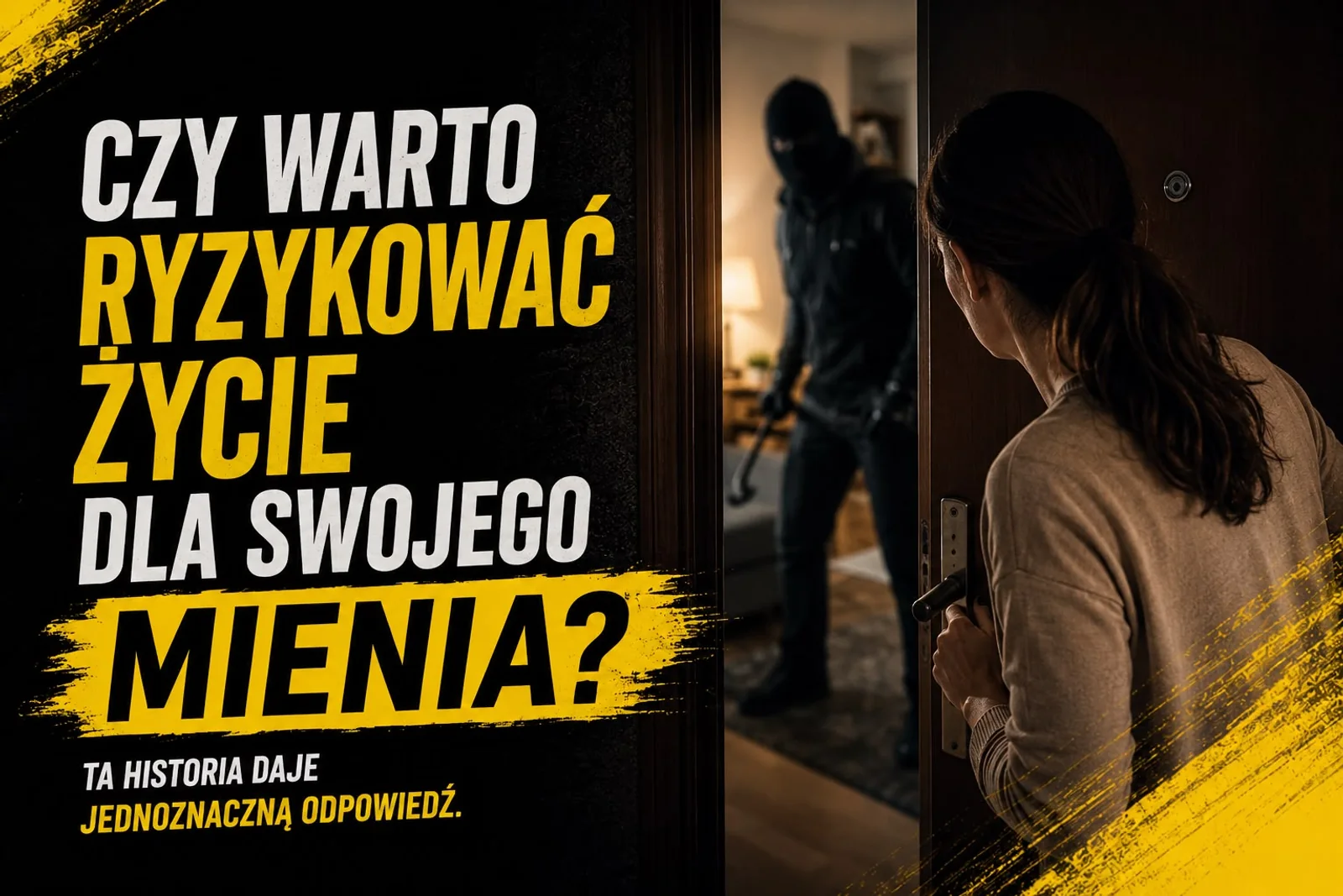 Kobieta otwiera drzwi mieszkania, w środku stoi włamywacz w kominiarce z łomem