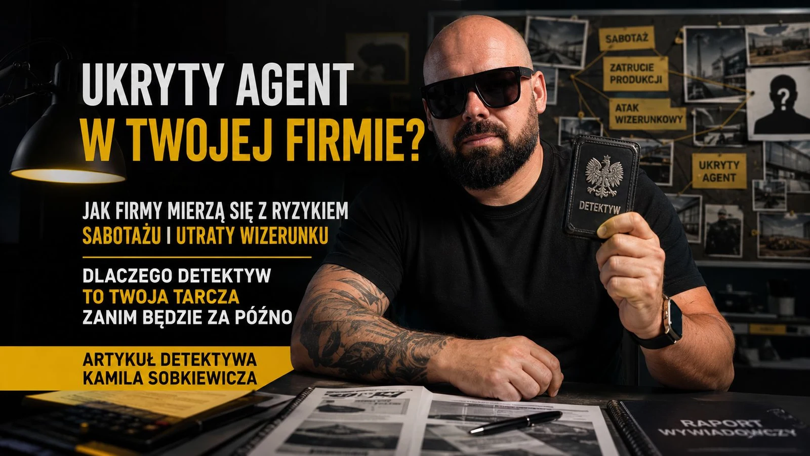 Detektyw Securand z odznaką na tle tablicy śledczej z zagrożeniami sabotażu i skażenia produkcji