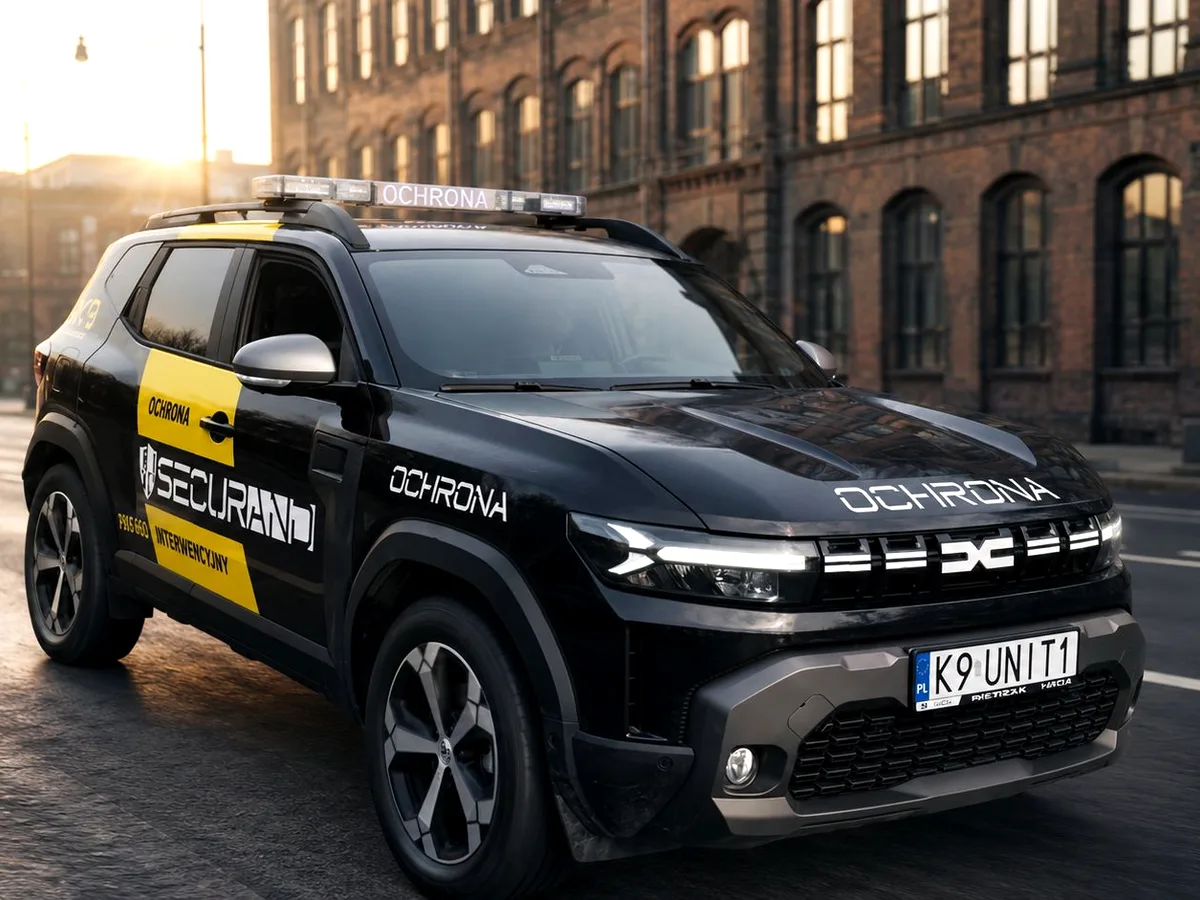 Oznakowany pojazd patrolu K9 Securand na ulicy o poranku