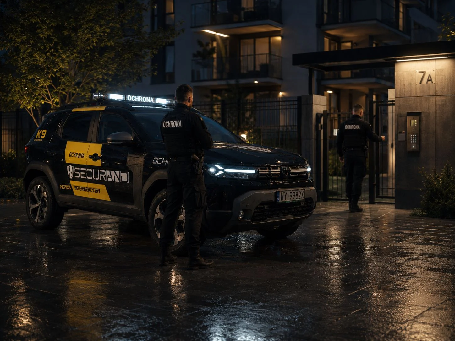 Patrol interwencyjny Securand przy wejściu do chronionego budynku nocą