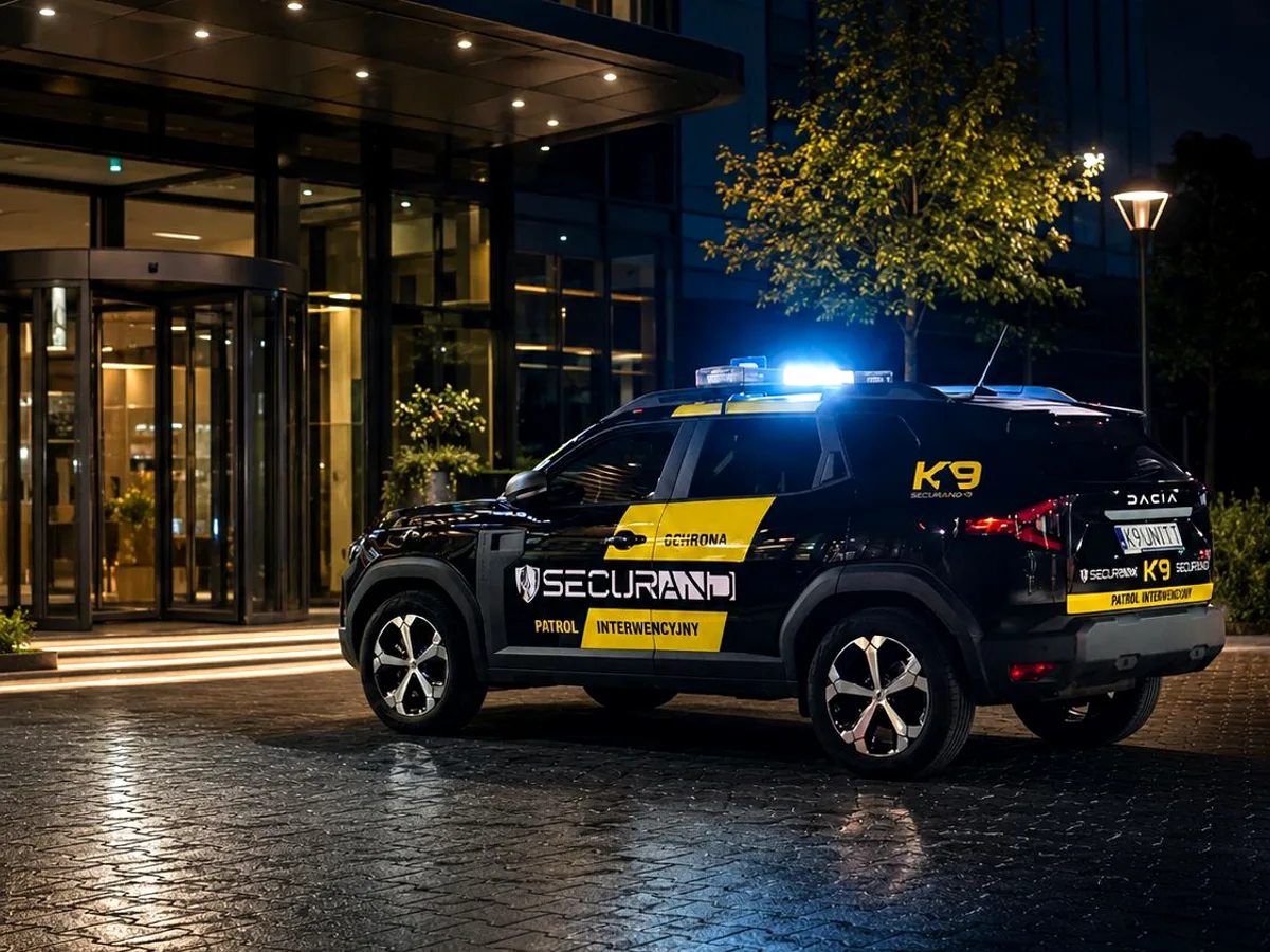 Nocny patrol K9 Securand przy chronionym obiekcie