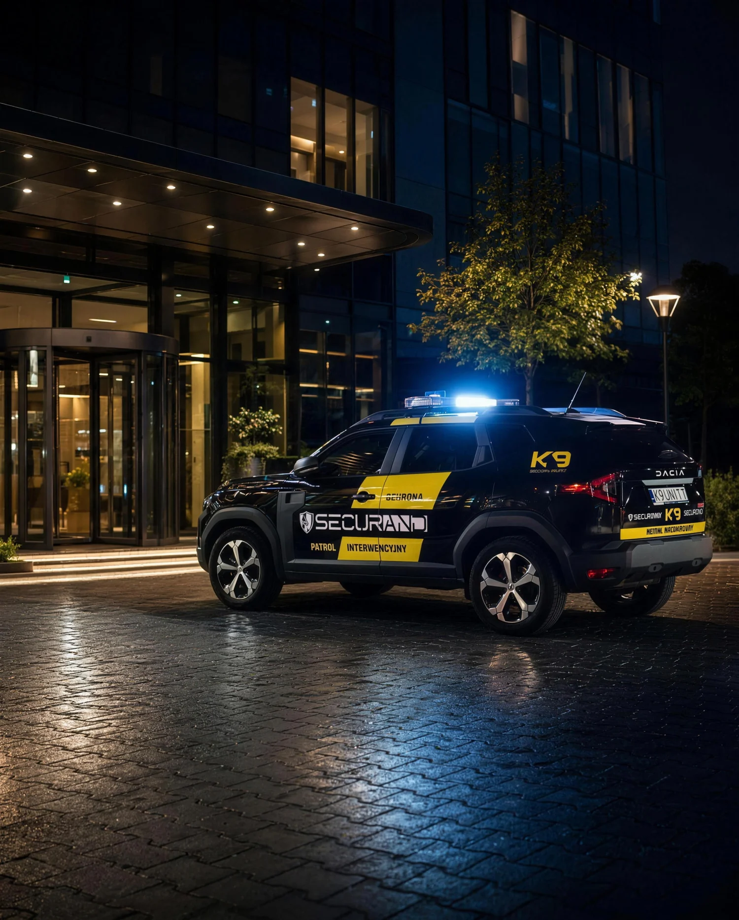 Oznakowany patrol interwencyjny Securand przed budynkiem osiedla nocą