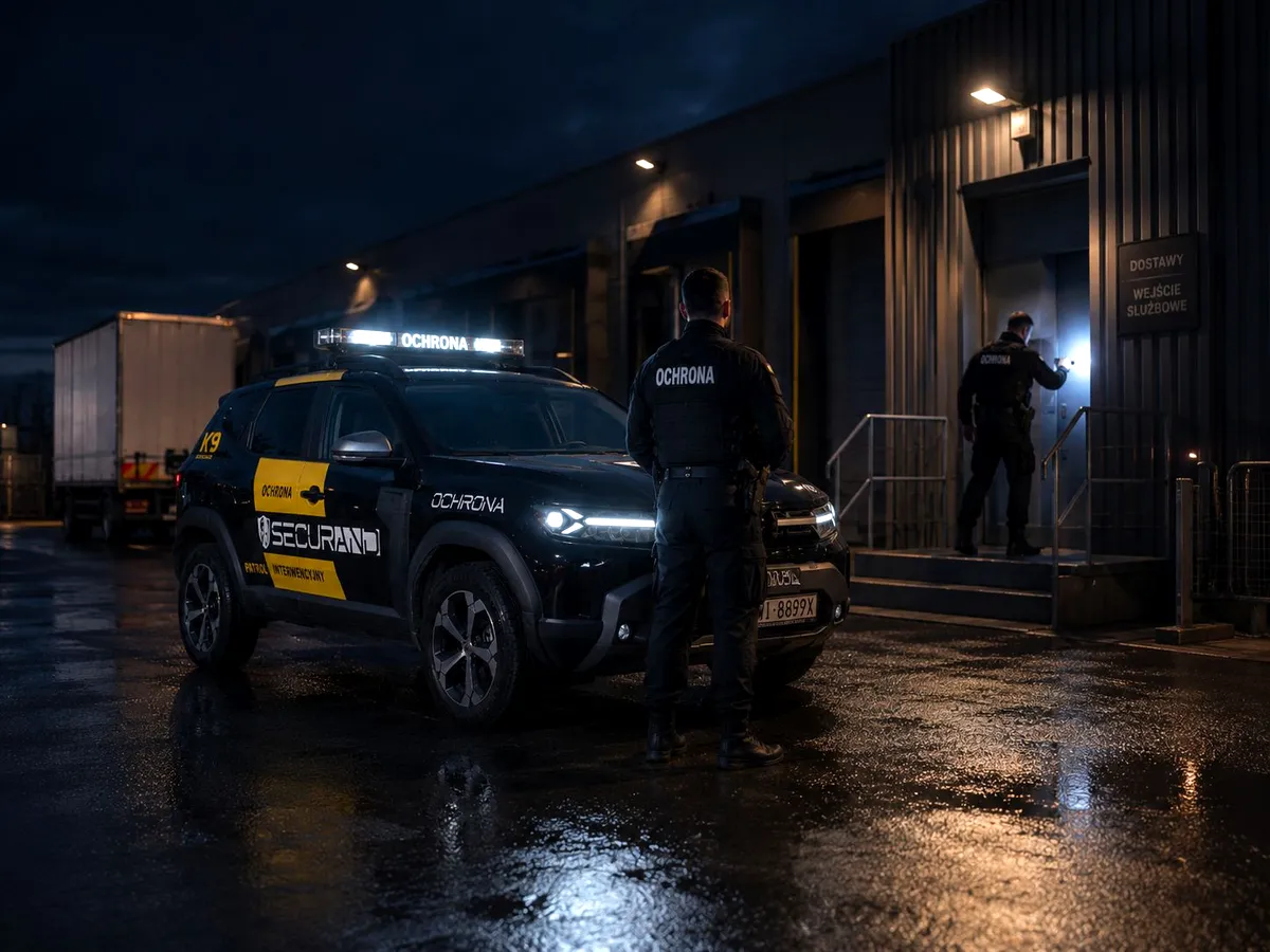 Pracownik grupy interwencyjnej Securand przy oznakowanym pojeździe ochrony