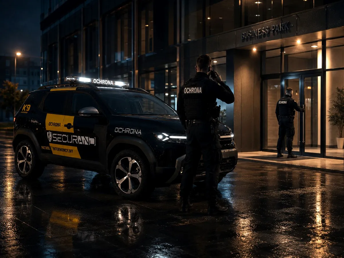 Oznakowany patrol interwencyjny K9 Securand przy obiekcie biznesowym nocą