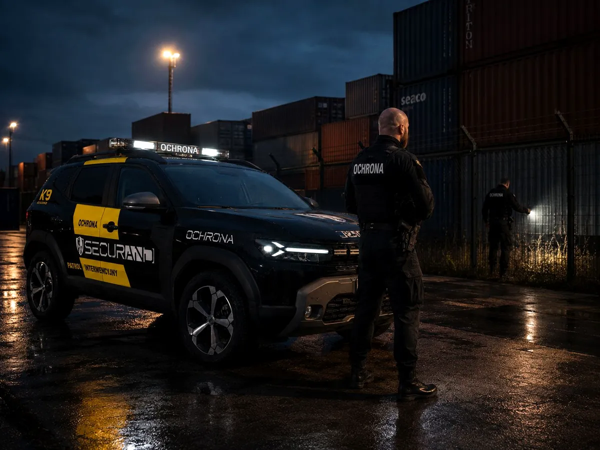 Pracownik ochrony Securand w wyposażeniu taktycznym przy pojeździe patrolu interwencyjnego