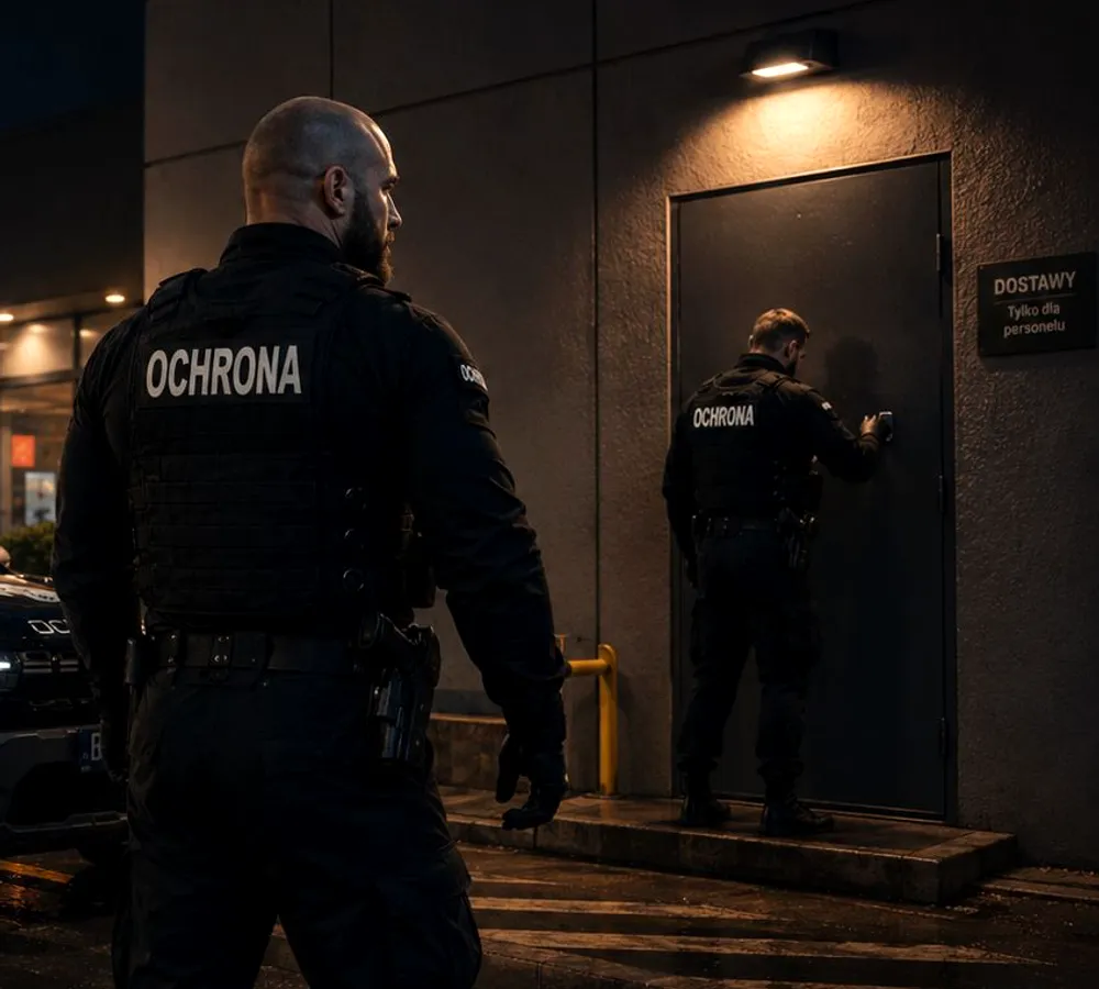 Zespół operacyjny Securand podczas interwencji przy wejściu chronionego obiektu nocą