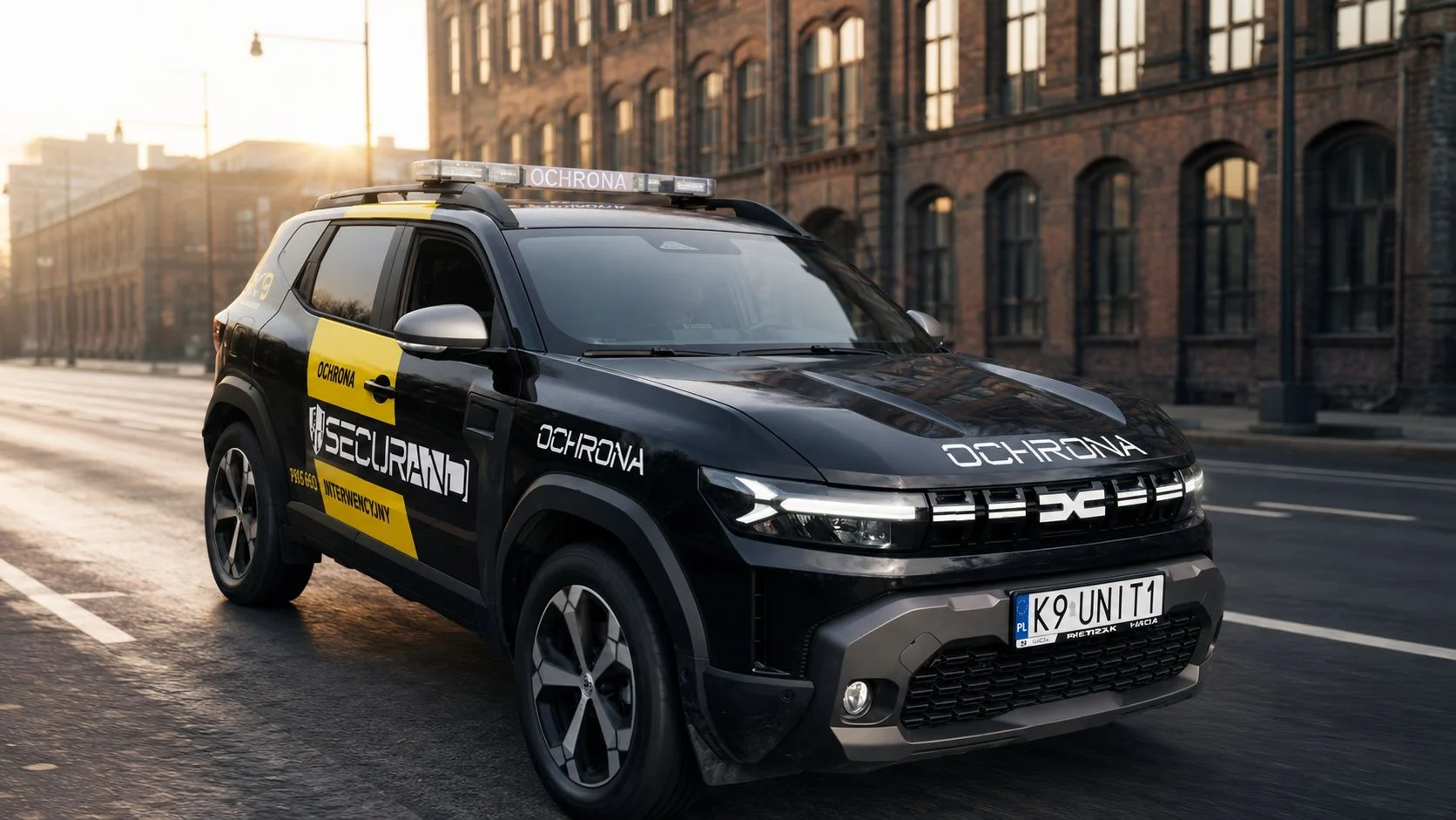 Oznakowany patrol interwencyjny Securand przed budynkiem mieszkalnym osiedla