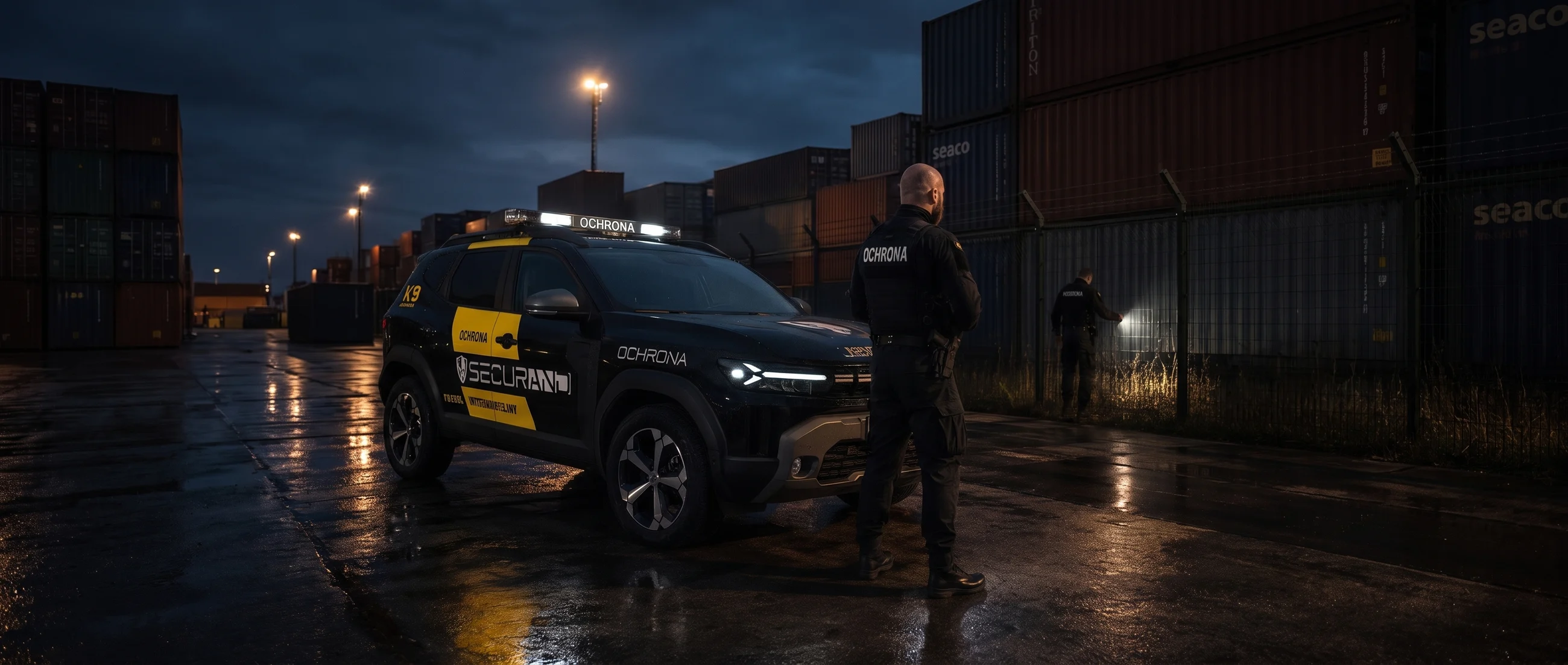 Operatorzy patrolu interwencyjnego Securand przy oznakowanym pojeździe K9 na chronionym terminalu nocą