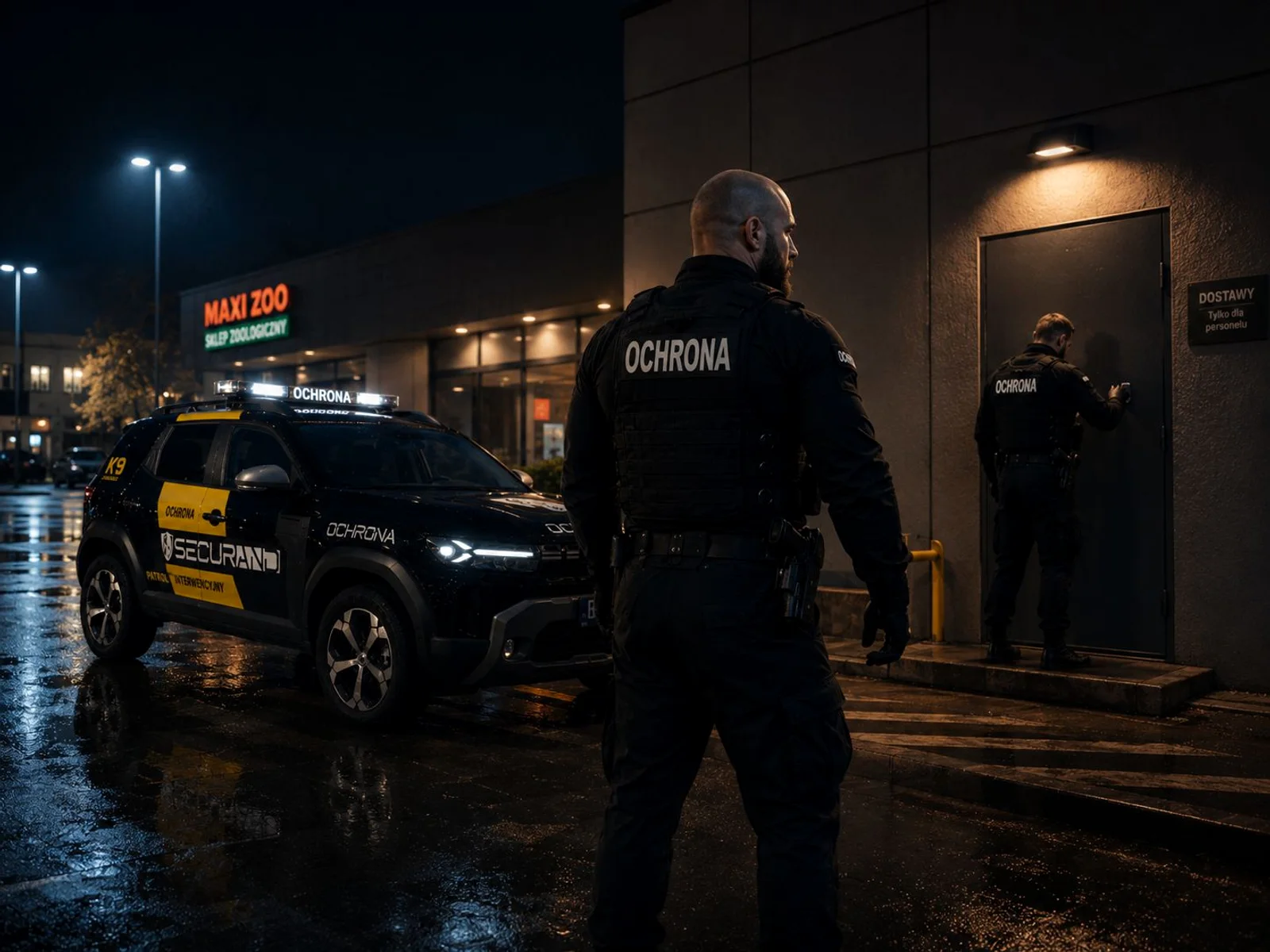 Operatorzy patrolu interwencyjnego Securand w akcji przy oznakowanym pojeździe K9 nocą