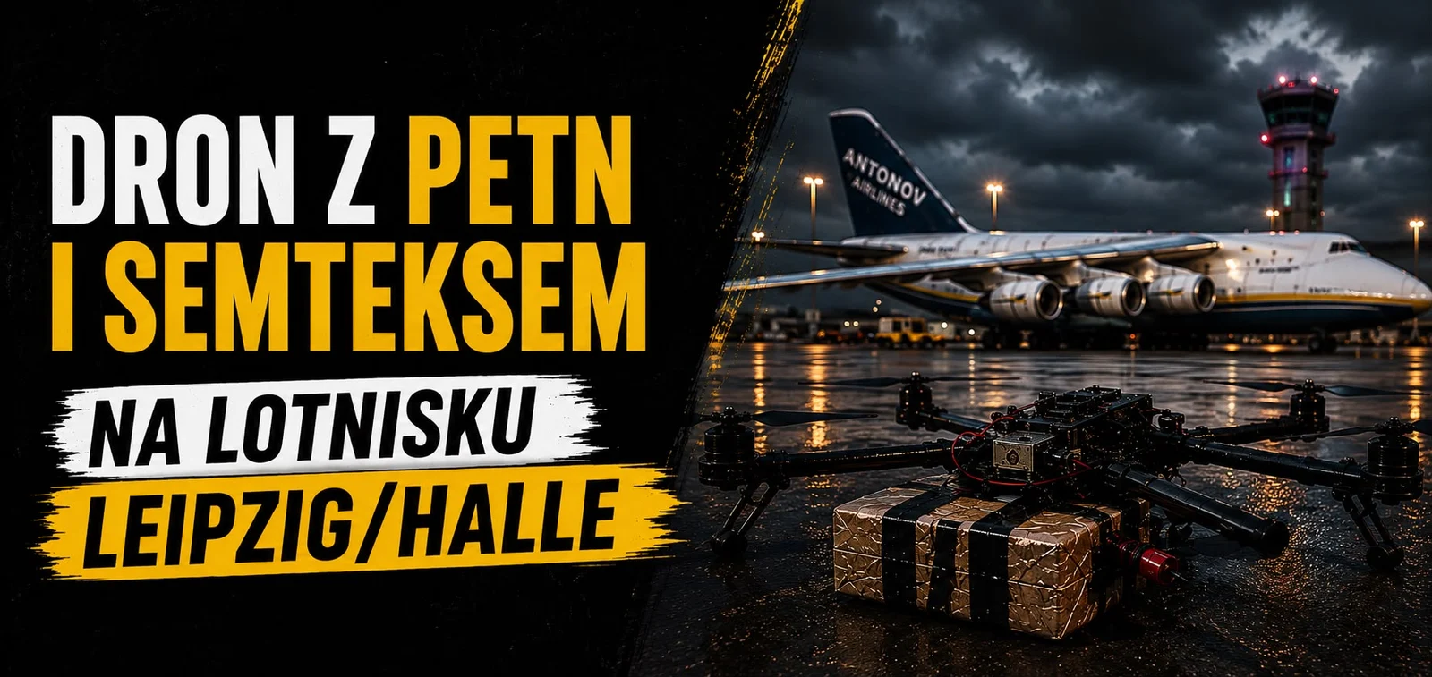 Grafika artykułu: dron z ładunkiem materiałów wybuchowych na mokrej płycie lotniska, w tle nocą samolot transportowy Antonov i wieża kontroli lotów