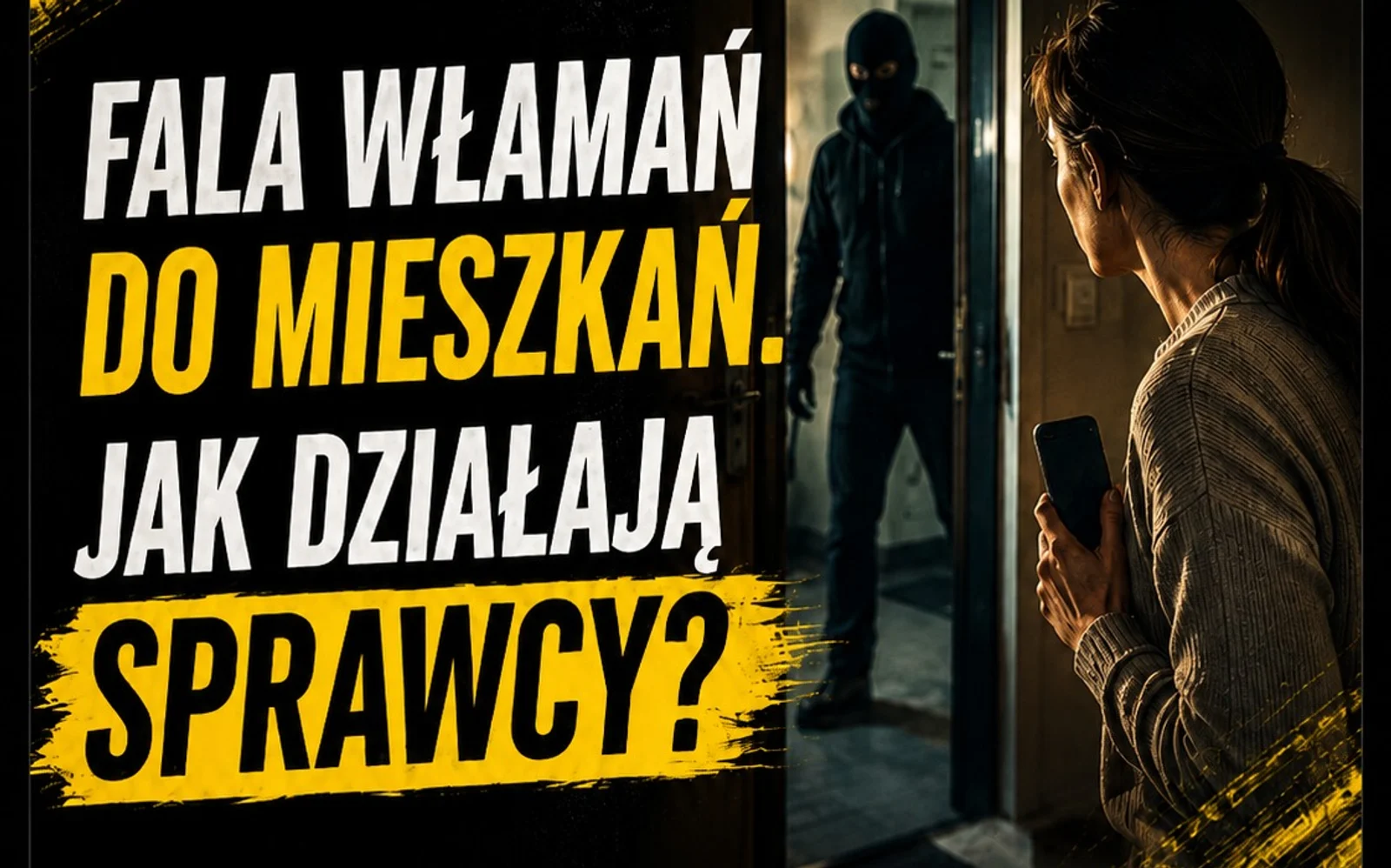 Zamaskowany włamywacz stojący w drzwiach mieszkania i kobieta z telefonem w dłoni, napis „Fala włamań do mieszkań. Jak działają sprawcy?”