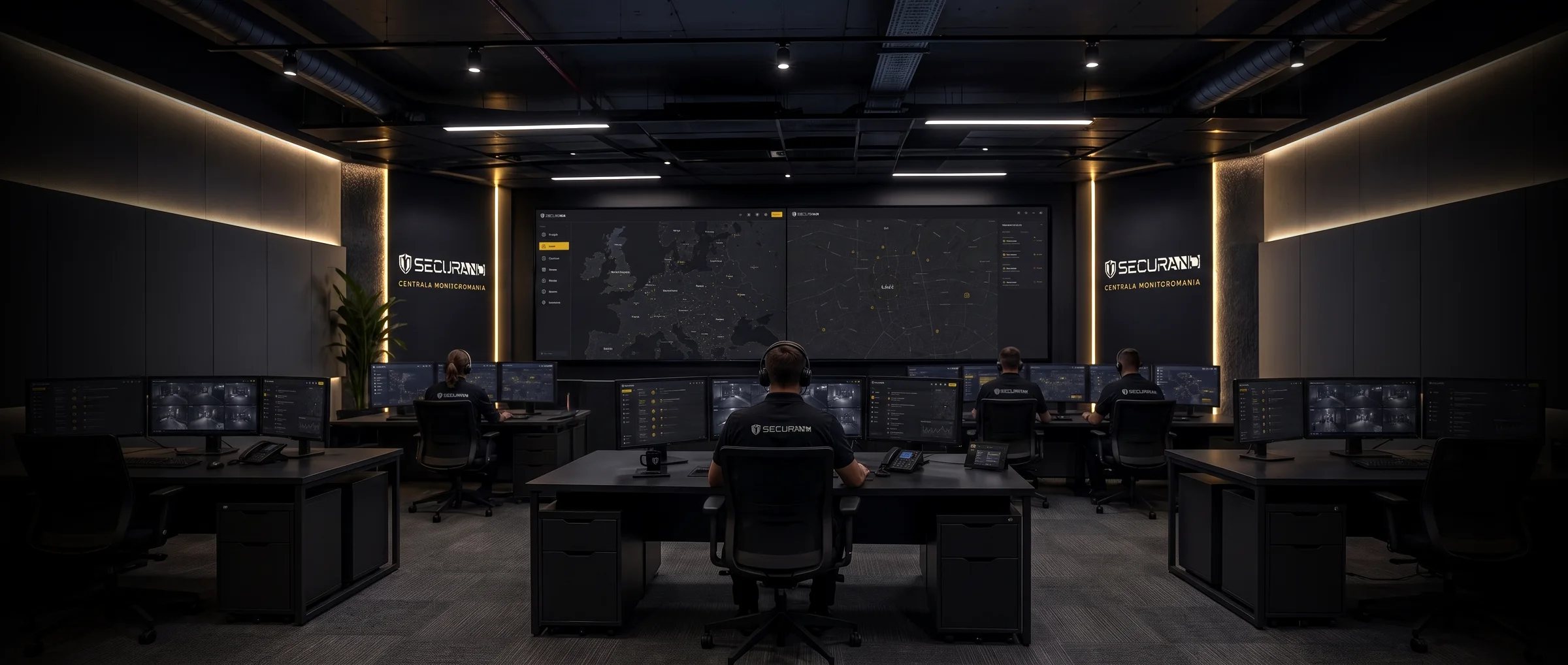 Operator Securand w centrali monitorowania przed ścianą podglądów z kamer