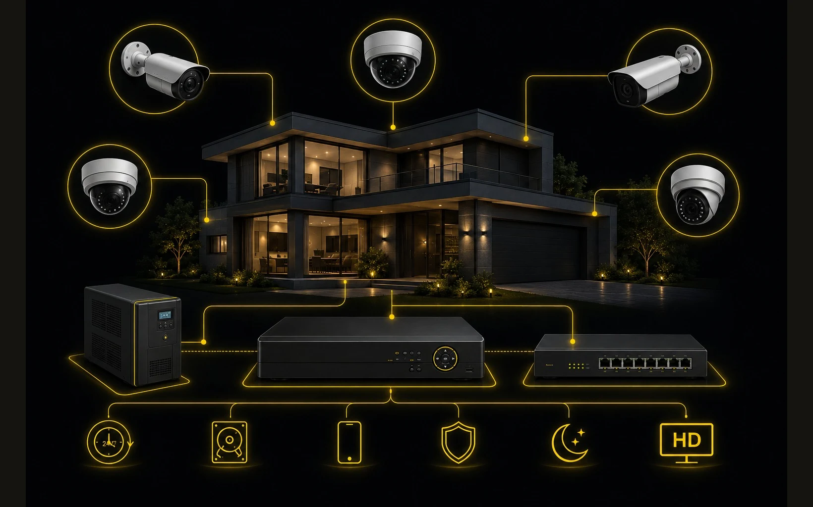 Schemat monitoringu CCTV: kamery IP i kopułkowe, rejestrator, switch PoE oraz zasilanie awaryjne wokół domu