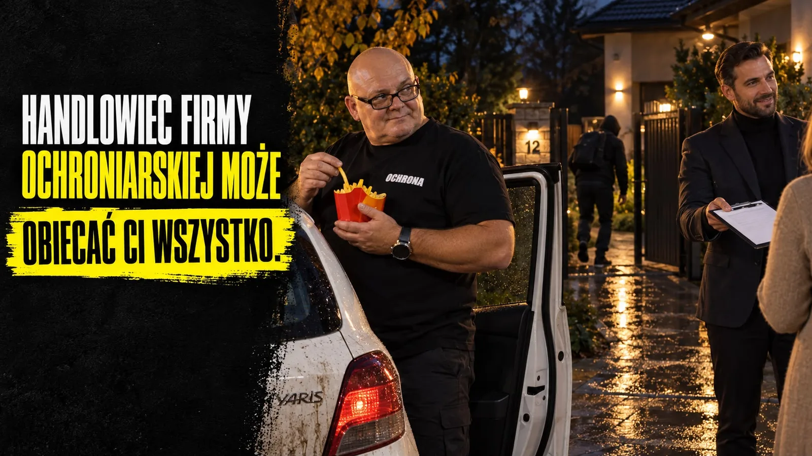 Pracownik ochrony je frytki przy samochodzie patrolowym, w tle włamywacz wchodzi na oświetloną posesję, obok handlowiec z teczką rozmawia z klientką