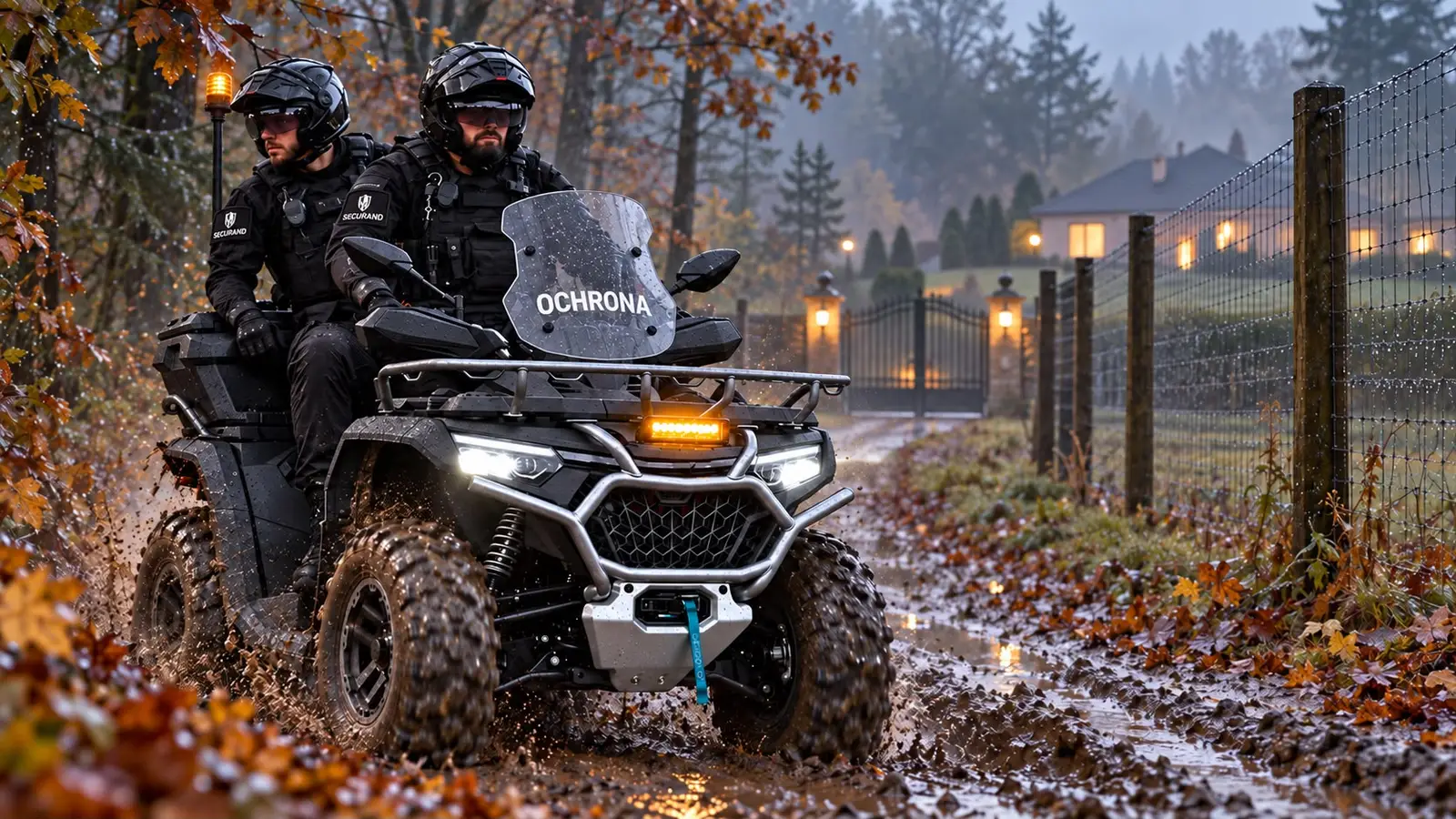 Patrol interwencyjny Securand na quadzie, jesienną błotnistą drogą wzdłuż ogrodzenia posesji