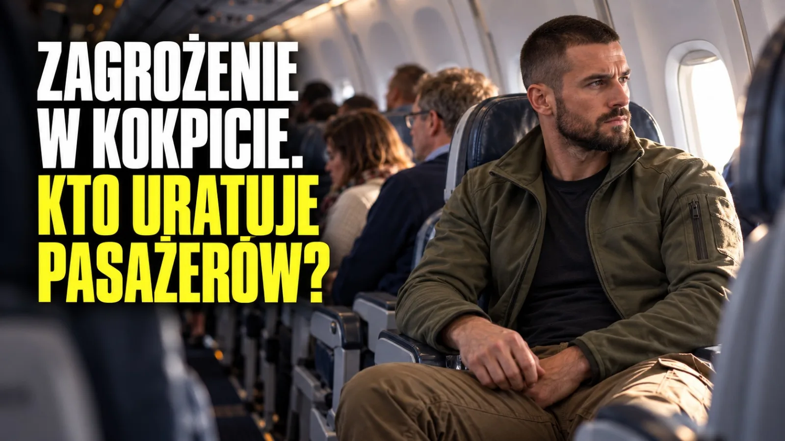 Mężczyzna w kurtce siedzi przy oknie w kabinie pasażerskiej samolotu i obserwuje przejście między fotelami, wokół pozostali pasażerowie