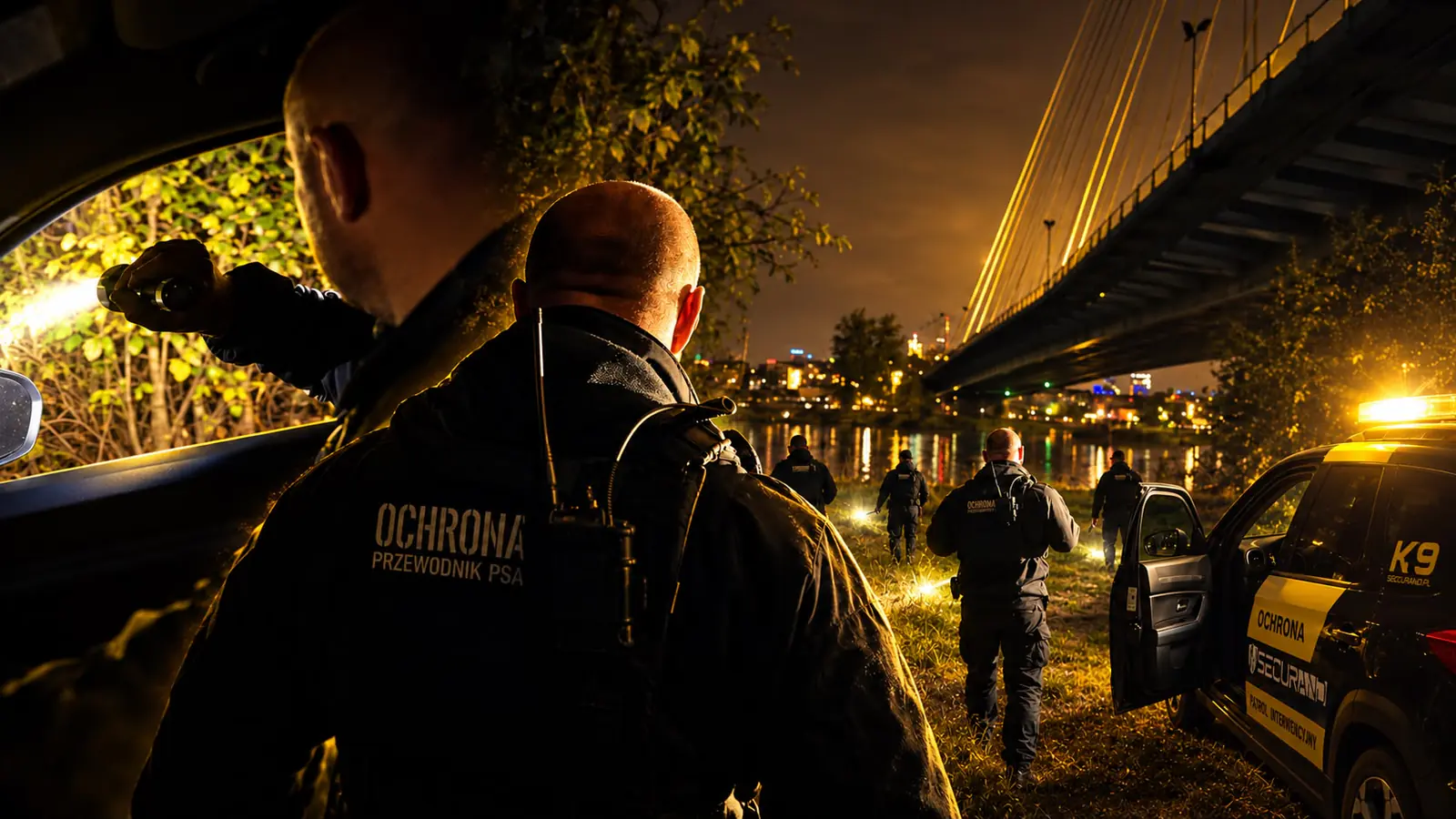 Nocne poszukiwania nad Wisłą przy moście Świętokrzyskim: przewodnik psa w kurtce z napisem Ochrona stoi tyłem przy otwartych drzwiach samochodu, dalej na brzegu członkowie zespołu z latarkami i samochód patrolu Securand K9